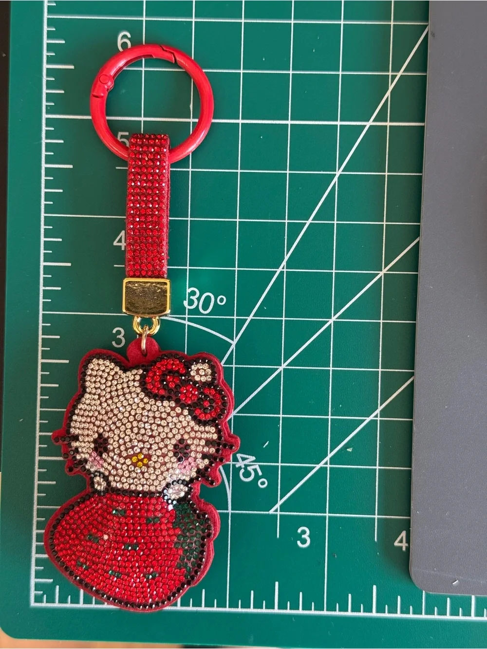 Rhinestone Strawberry HK Kitty Cartoon Character Keychain Bag Charm (Black)